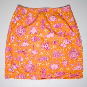 VTG Lilly Pulitzer White Label Mini Skirt Orange Pink Flamingos Fish Women Sz. 2